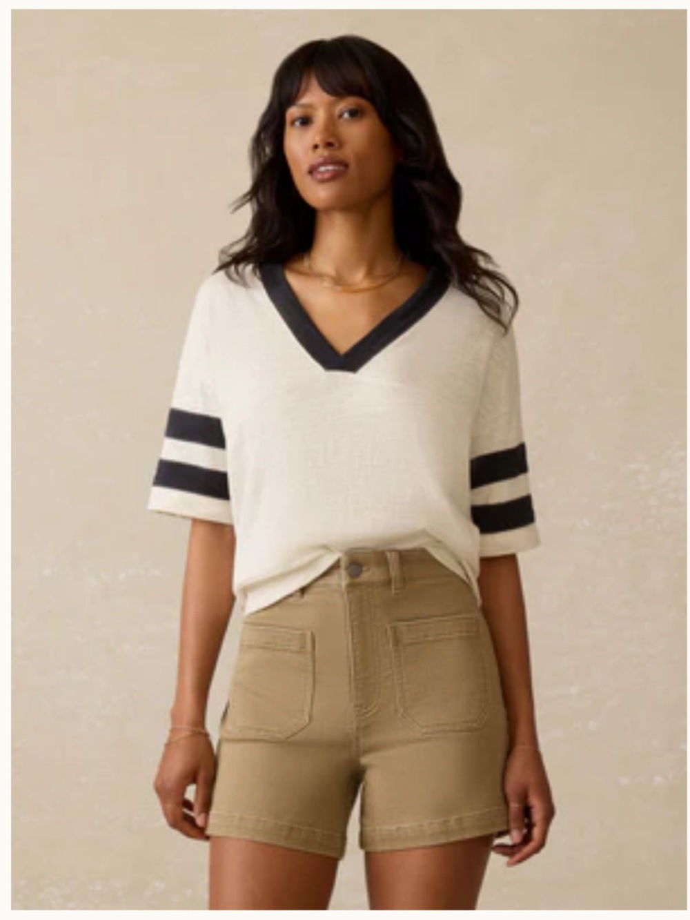 Faherty Cream Short Sleeve V-Neck Tee with Black Trim